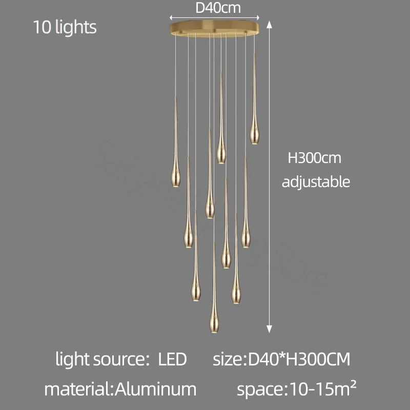 Fifteen light staircase chandelier descending through a stair void
