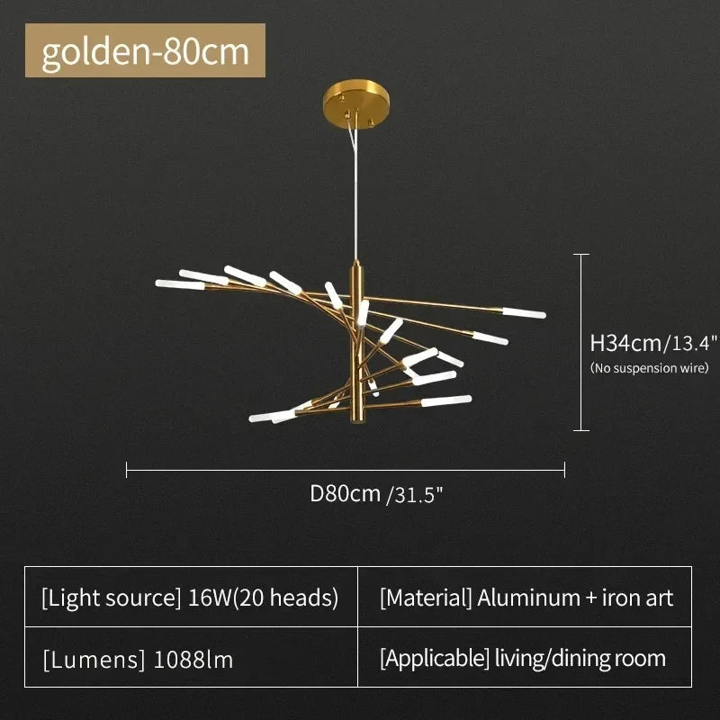 Gold painted metal firework chandelier with cool light output