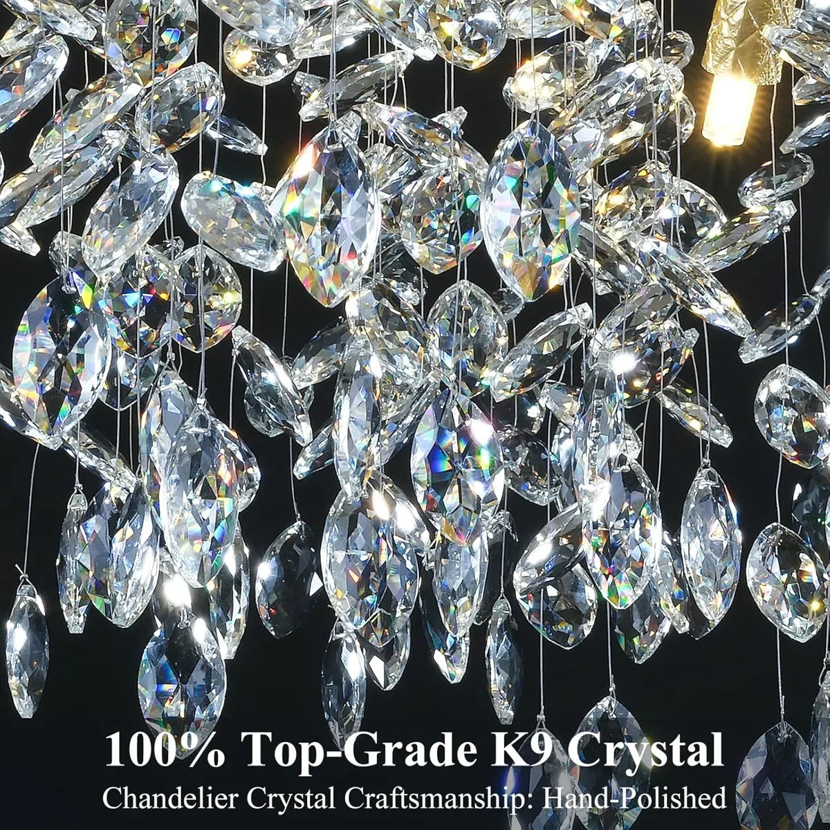 K9 crystal detail on a polished branching chandelier arm in silver
