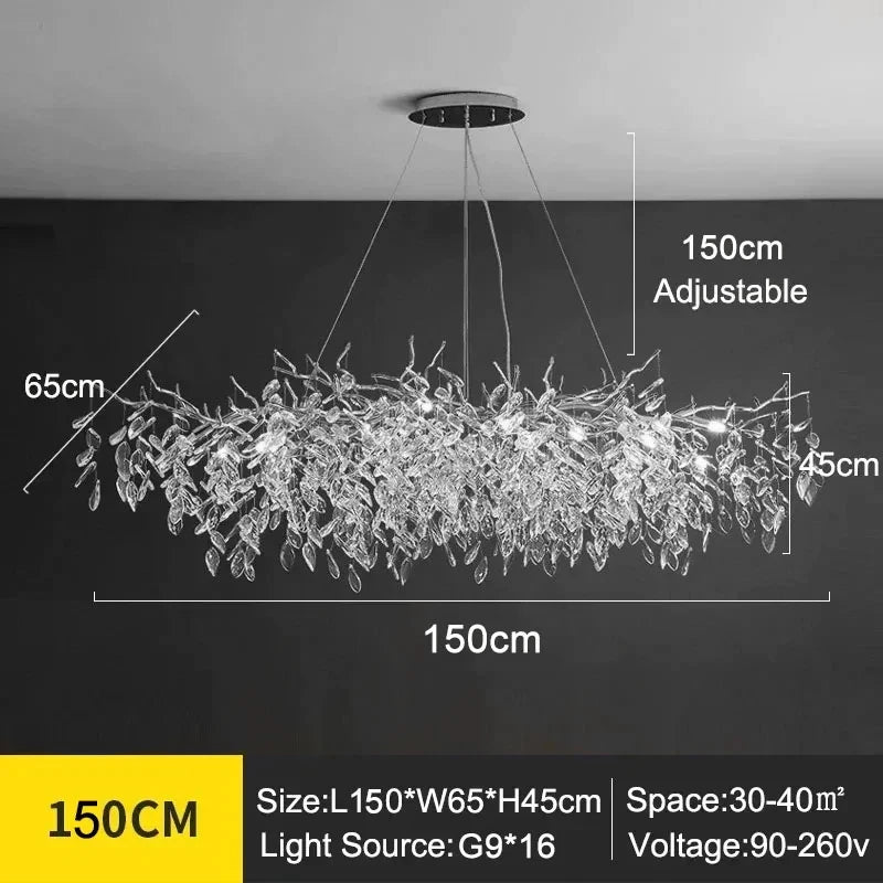 Linear crystal chandelier at 39.4 in long in neutral white light