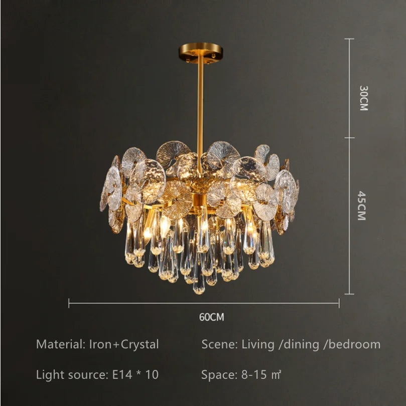 Metal framed lotus chandelier with faceted crystal and glass petals