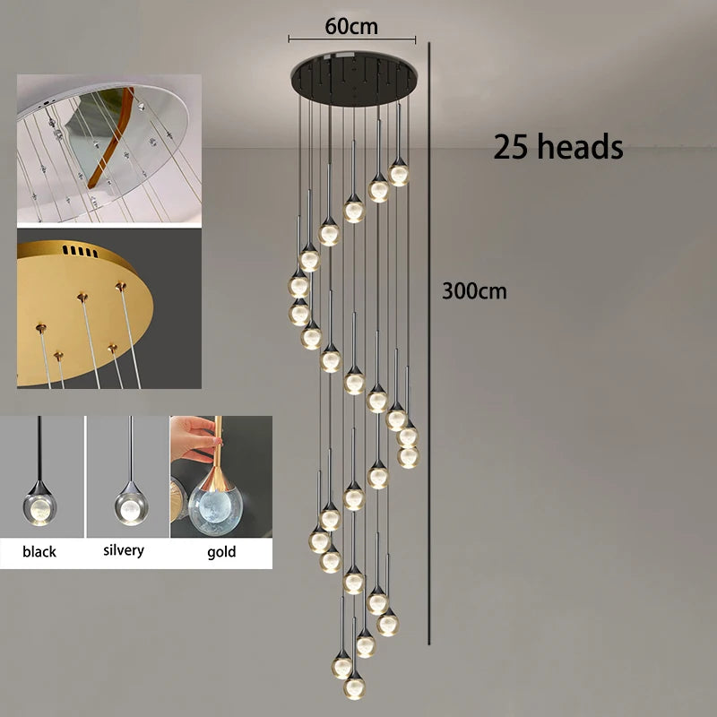 Cold white light across the crystal heads of a stair chandelier