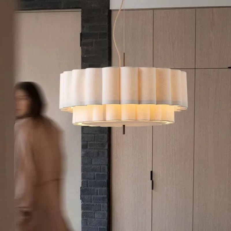 Cloth shade chandelier at 12.6 in diameter on a cord pendant