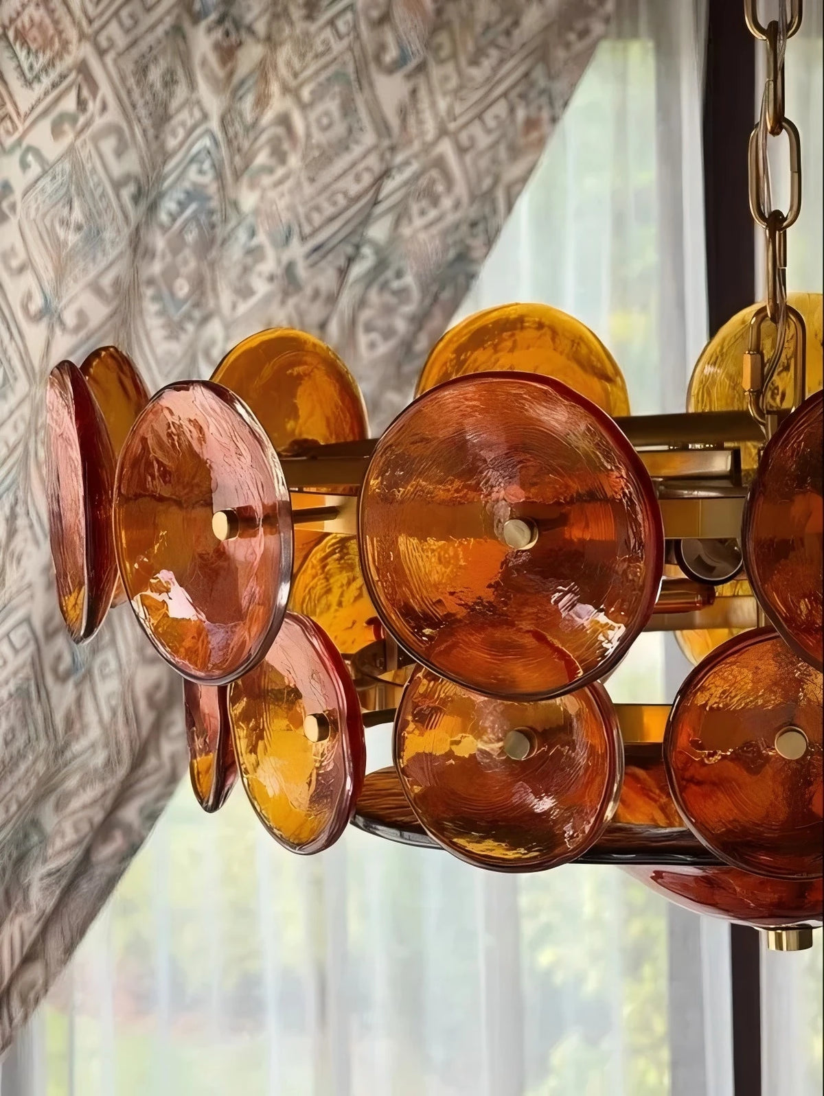 French glass chandelier with green handmade shades and iron arms