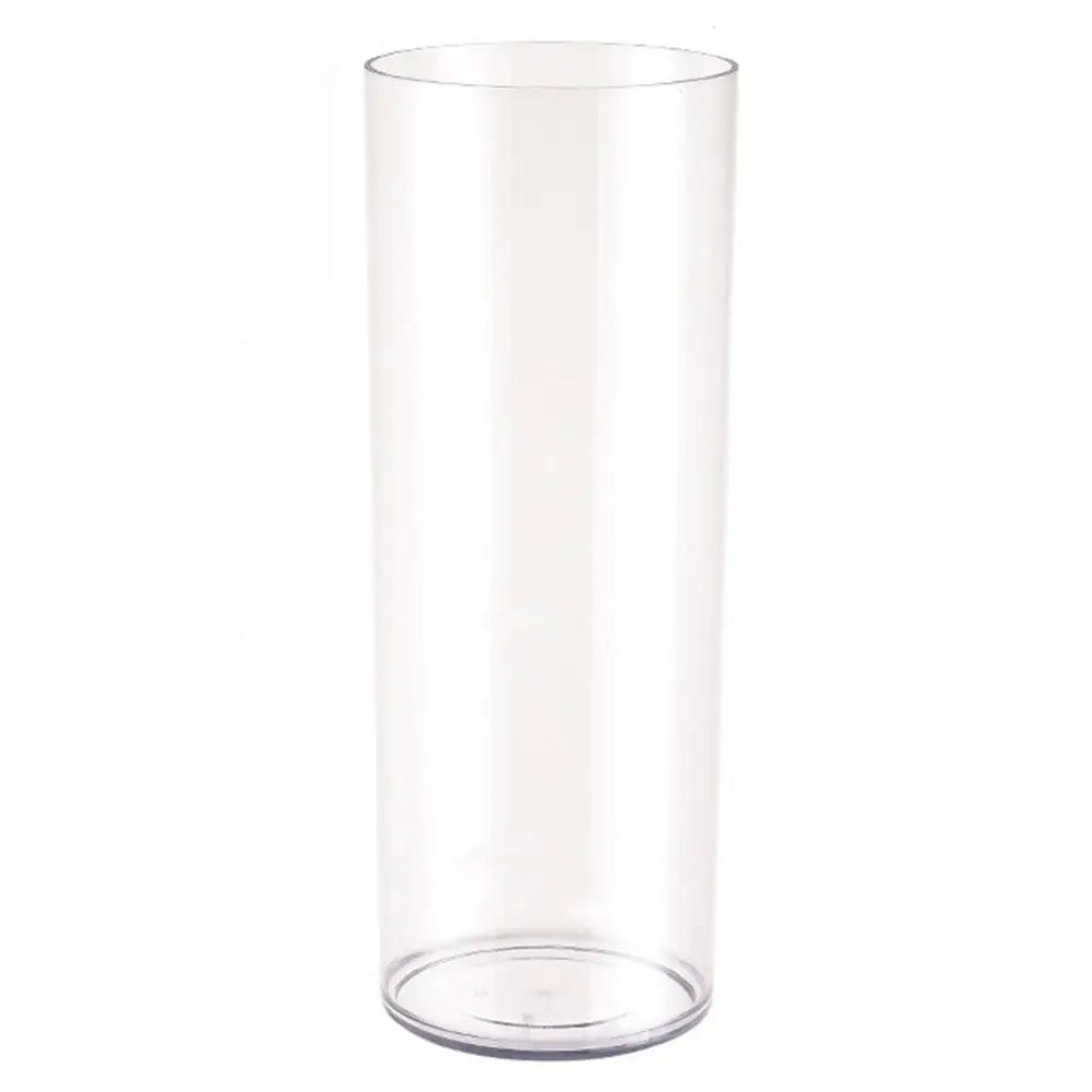 Acrylic cylinder vase with hydroponic plant cuttings displayed on a Scandi-style shelf