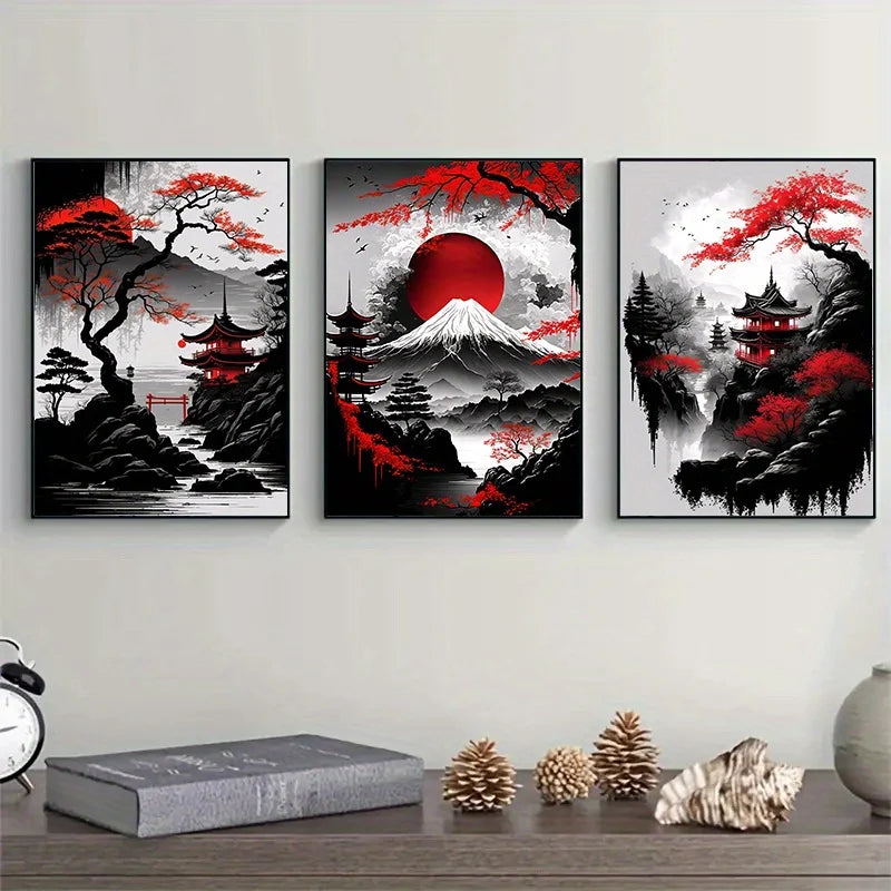 Japanese Ink Landscape 3-Piece Canvas Wall Art Set