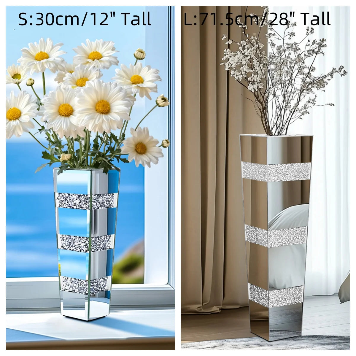Large mirrored floor vase for grand floral arrangement in modern entryway