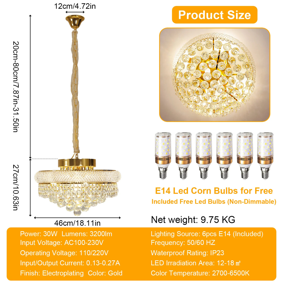 Gold crystal chandelier with push button switching, 110 to 240V