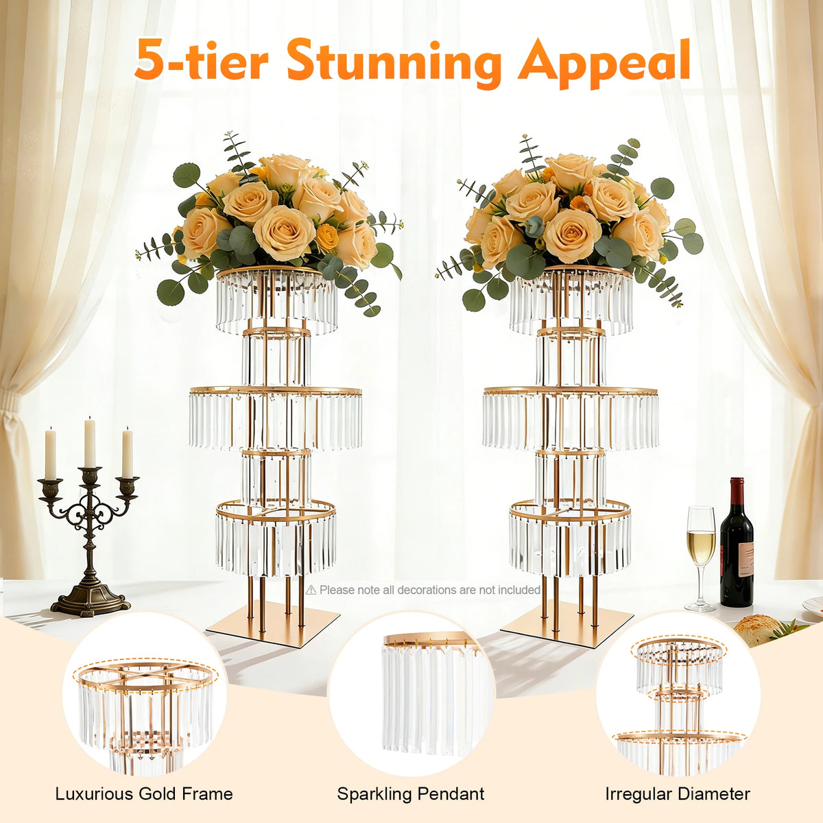 Gold acrylic tall 5-tier floor standing floral stand at 110cm at wedding reception