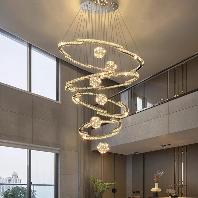 Nordic tiered crystal chandelier with crystal strung iron rings