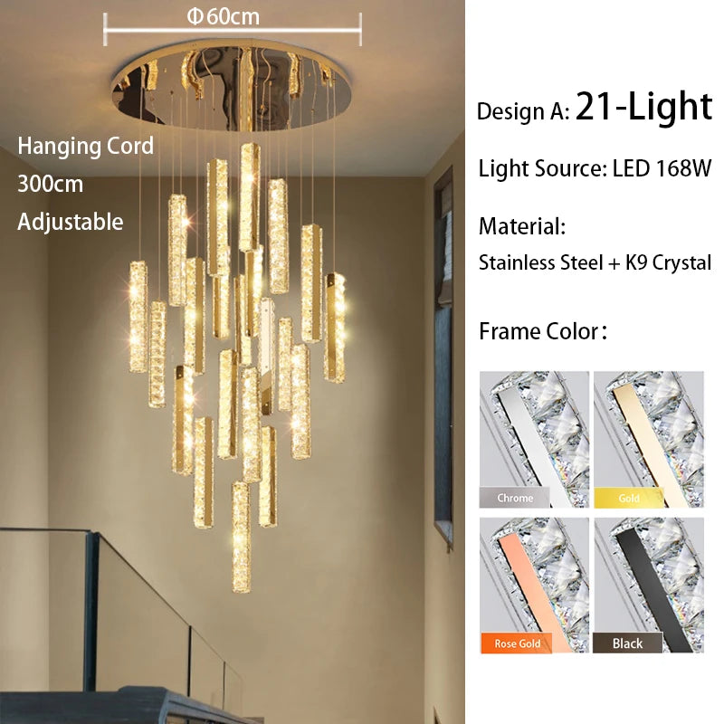Spiral staircase chandelier lit in white light on a chrome frame