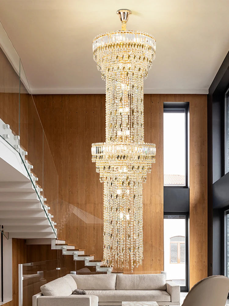 Five layer crystal chandelier, 31.5 inches wide with a 196.9 inch drop