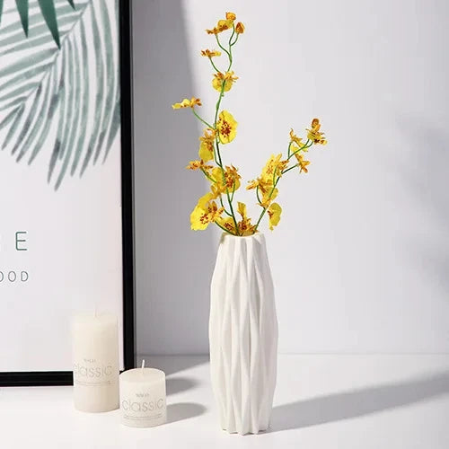 White plastic Nordic vase with dried botanical arrangement for bedroom decor