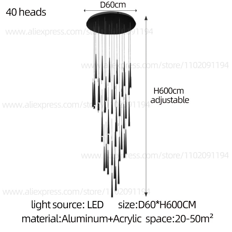 White light across the acrylic diffusers of a stair chandelier