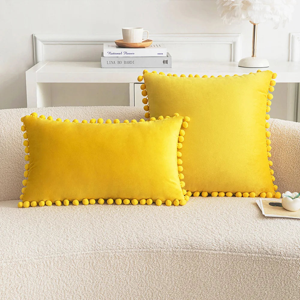 Velvet Pom-Pom Throw Pillow Cover