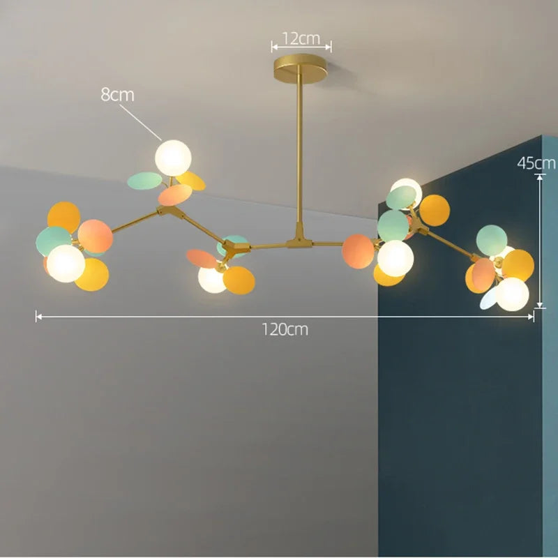 Mixed colour glass shades seen from below on an iron branch chandelier