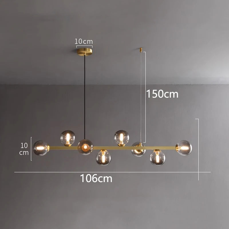 Eight head brown glass chandelier, 106 cm long, on adjustable cords