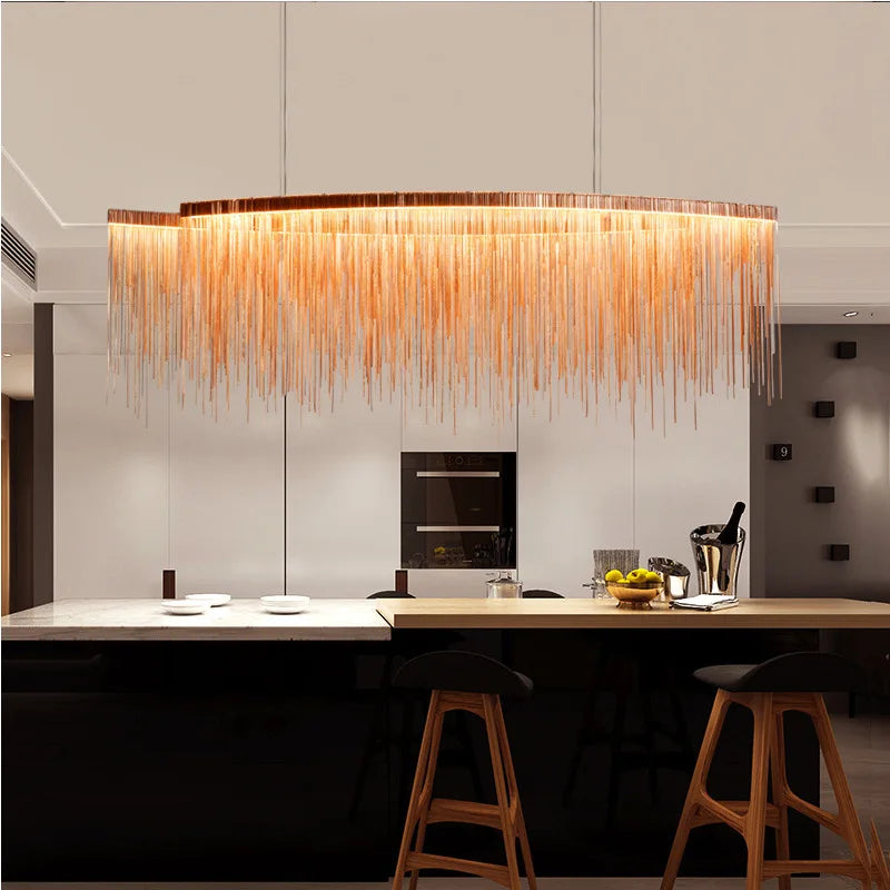 Rose gold tassel chandelier, 19.7 inch round, on an iron frame