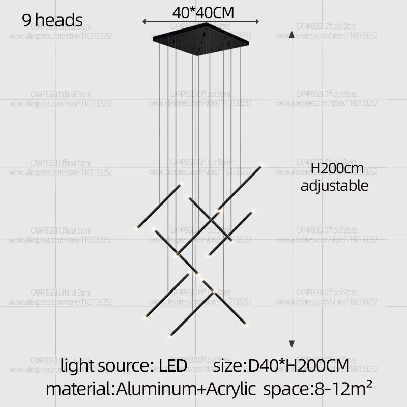 Aluminium heads suspended at staggered lengths from one plate