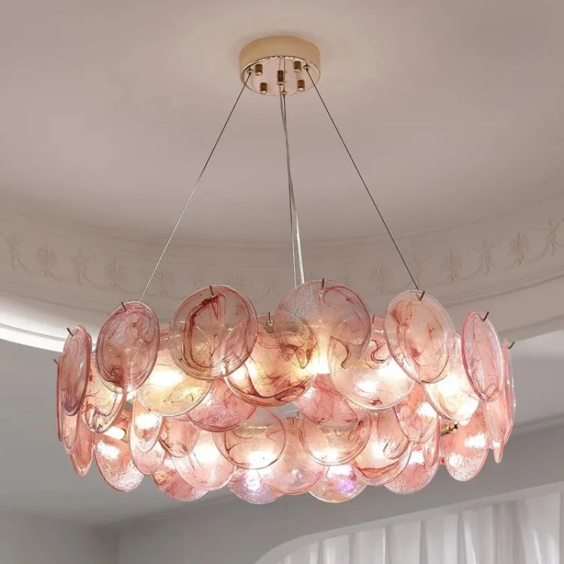 Murano style chandelier with glass shades facing up and down