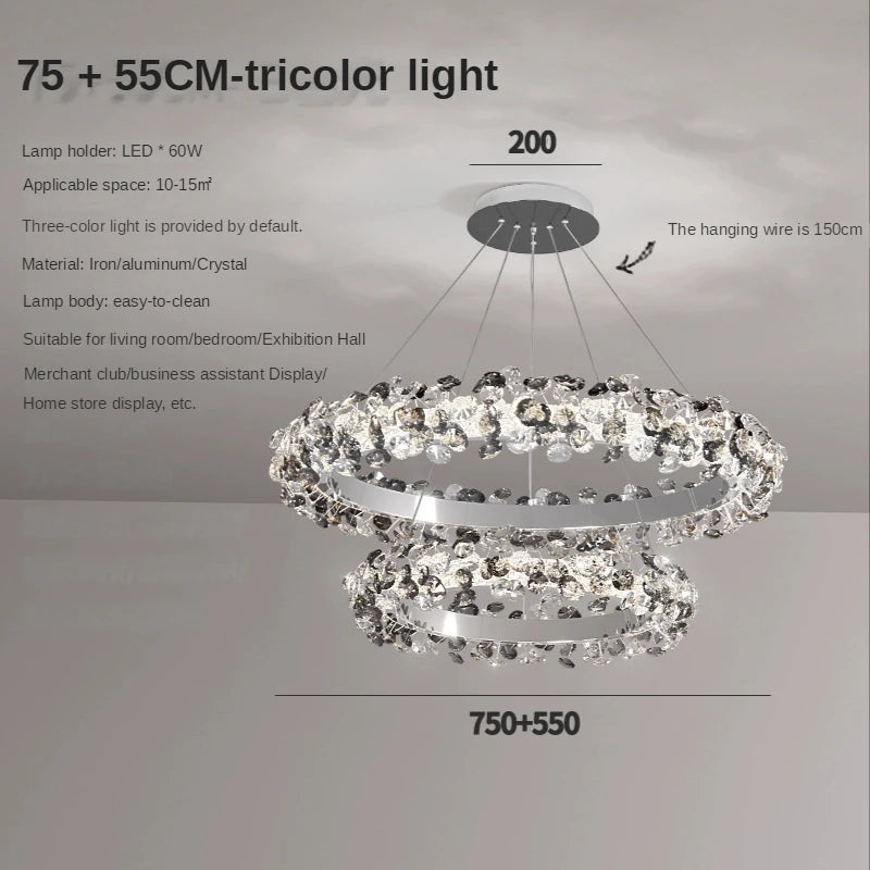 Two tier crystal chandelier with 37.4 in and 29.5 in chrome rings