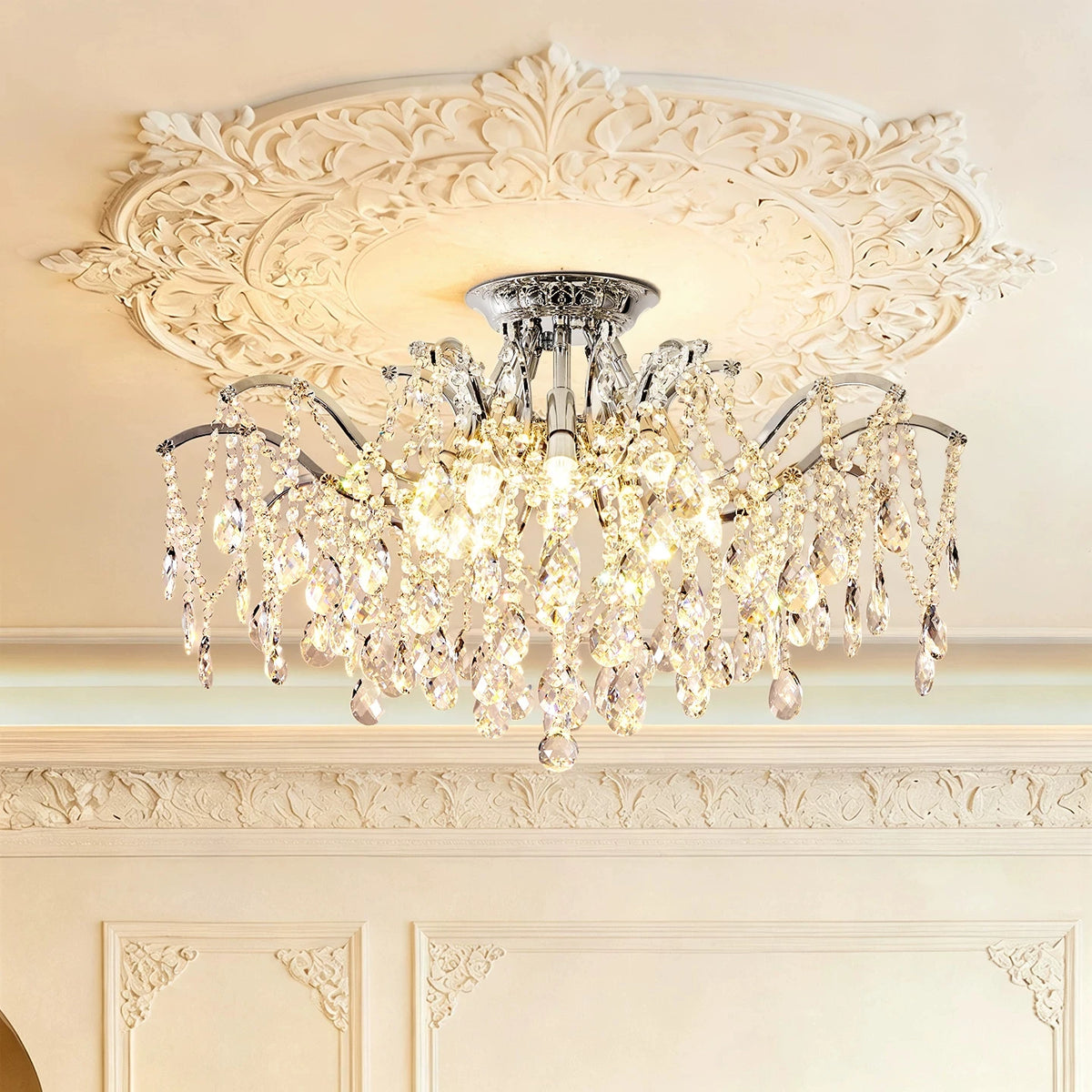 Crystal flush mount chandelier at 20.9 in diameter with E14 bulbs