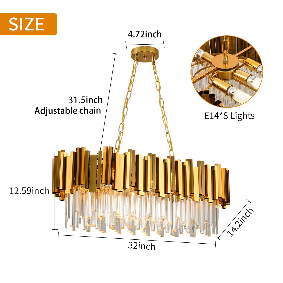 Linear gold crystal chandelier with E14 fittings, bulbs sold separately