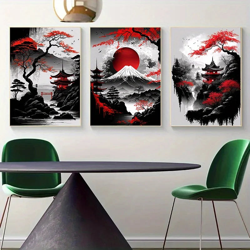 Japanese Ink Landscape 3-Piece Canvas Wall Art Set