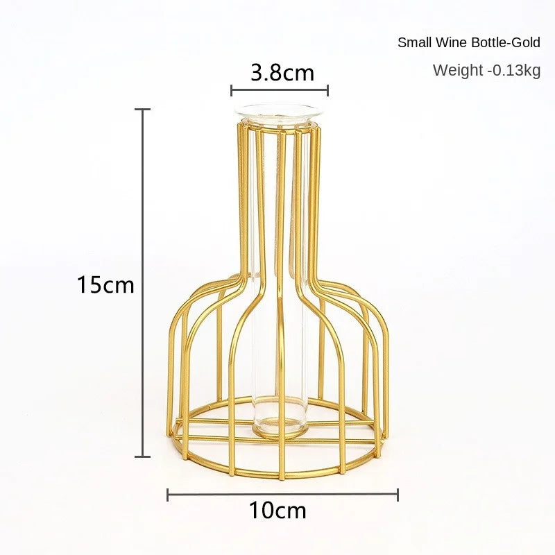 Iron art hollow gold vase with hydroponic test tube flower display
