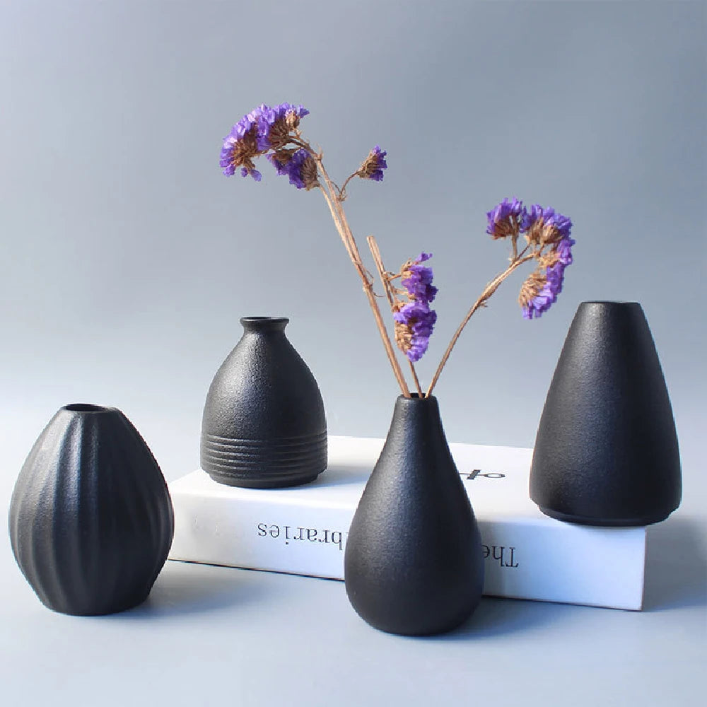 Style C minimal black ceramic small vase on floating wall shelf