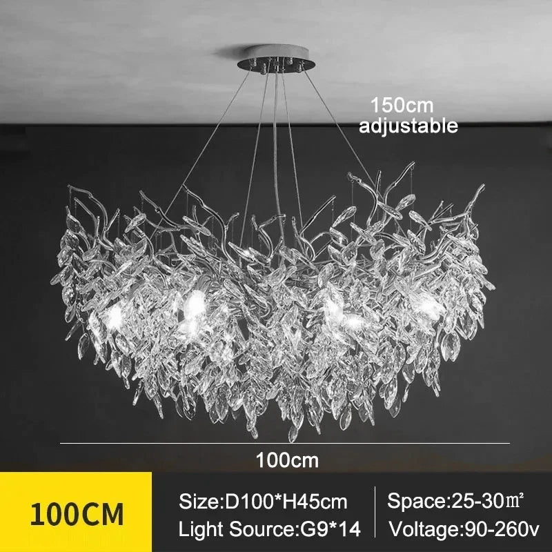 Modern silver crystal chandelier at 23.6 in across in white light