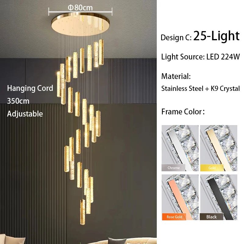 Seventeen light spiral crystal chandelier on plated stainless steel