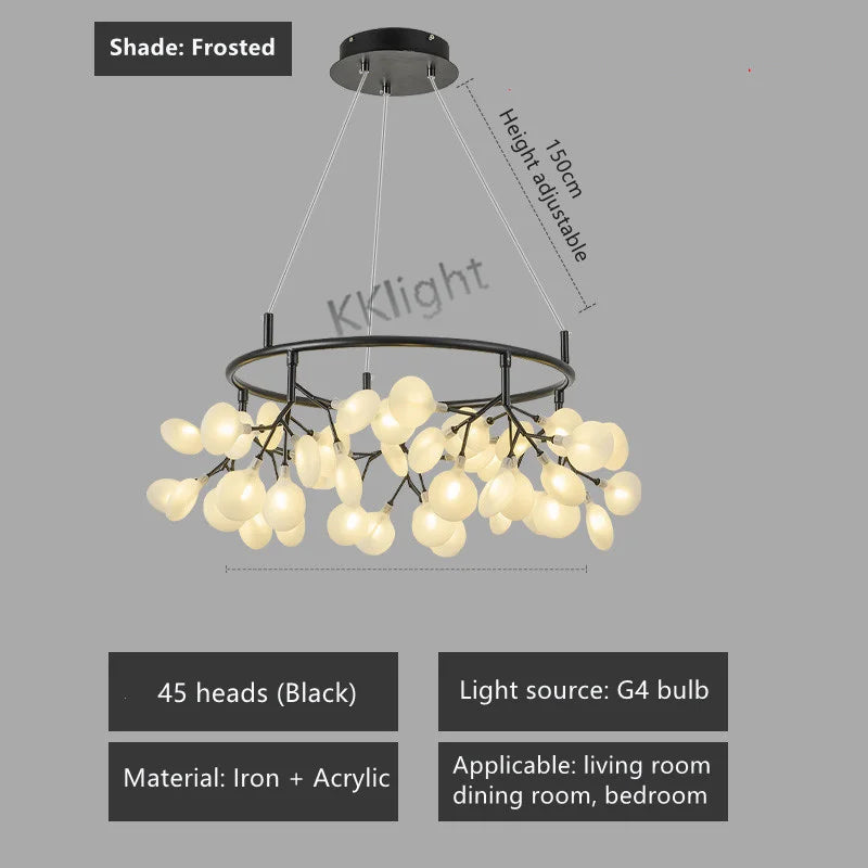 Nordic firefly chandelier with 63 black heads on a cord pendant