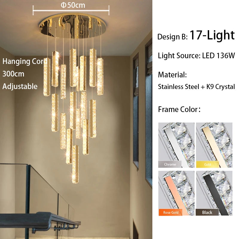 Large crystal chandelier lit in white light on a chrome frame
