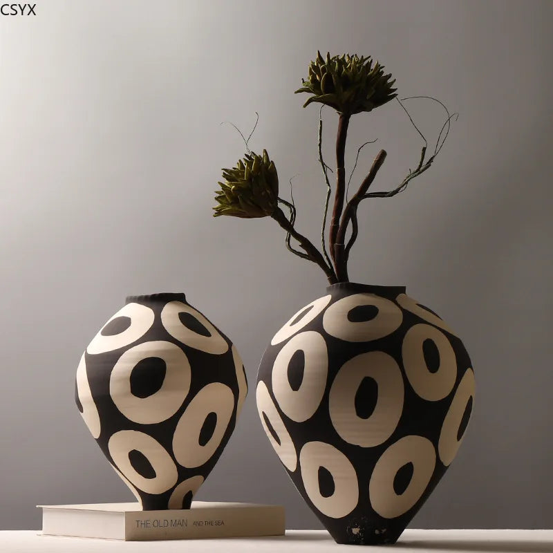 Geometric ceramic flower vase hand-drawn circles porcelain décor