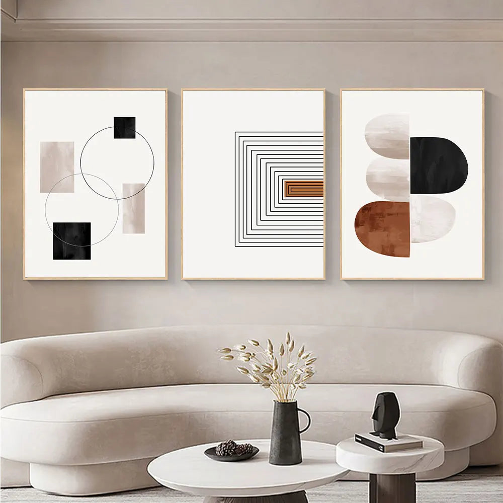 Black White Geometry Line Art 3-Piece Canvas Wall Art Set