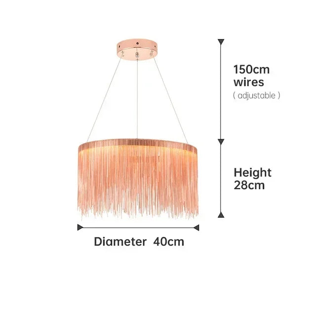 Tassel chain chandelier with warm white light for a villa lounge