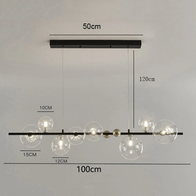 Glass shade linear chandelier measuring 47.2 in high, height adjustable