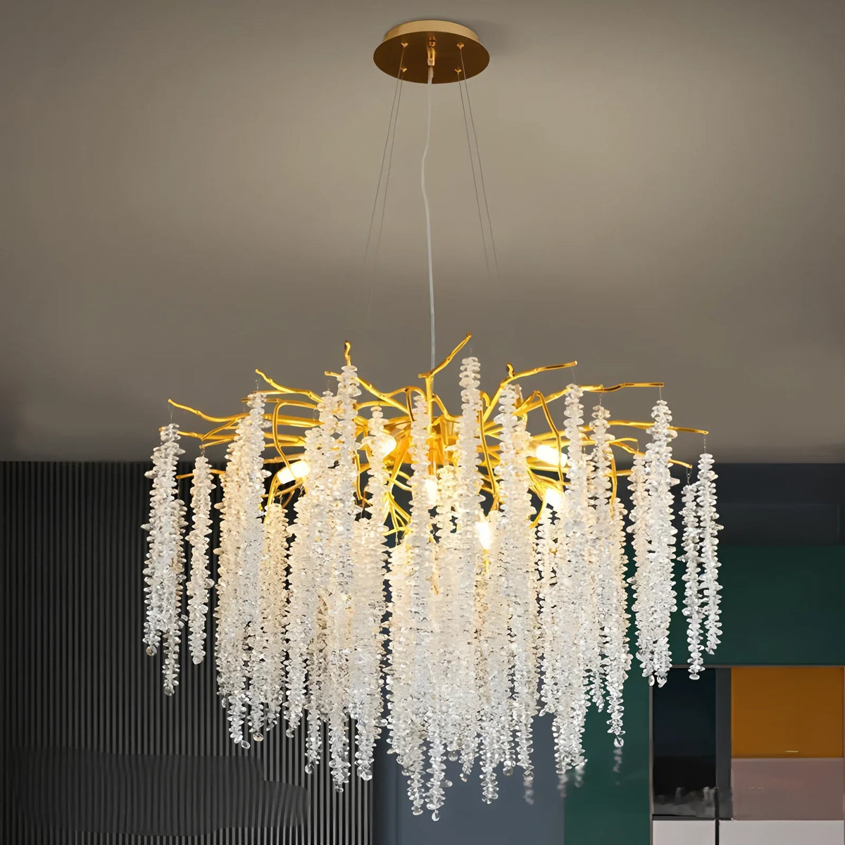 Gold crystal branch chandelier with crystal arms on polished aluminium