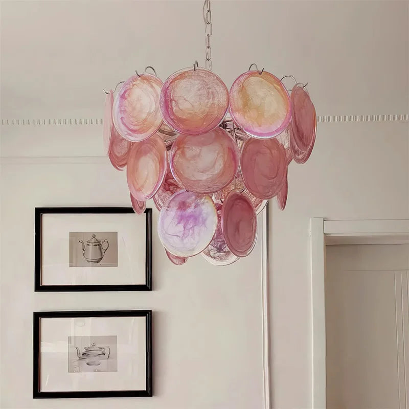 White stained glass chandelier with polished stainless steel arms