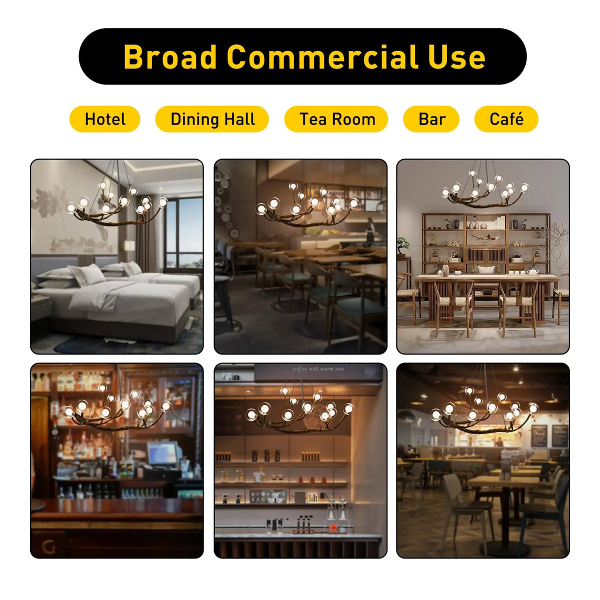 Glass bubble pendant chandelier with adjustable chain and wood branch structure