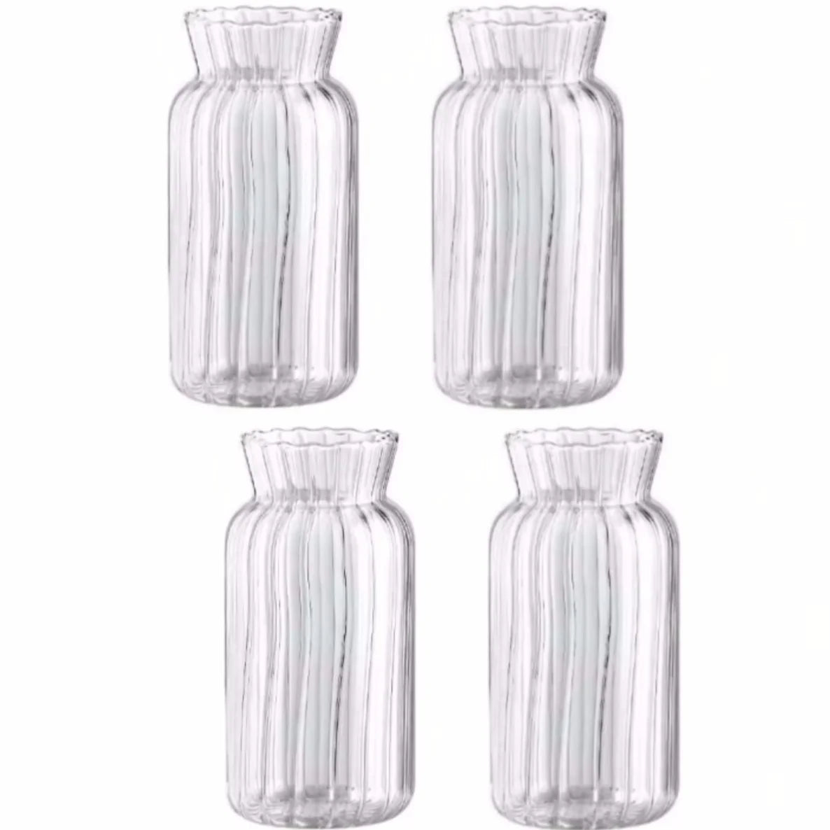Striped glass mini vase collection arranged on eclectic home shelf