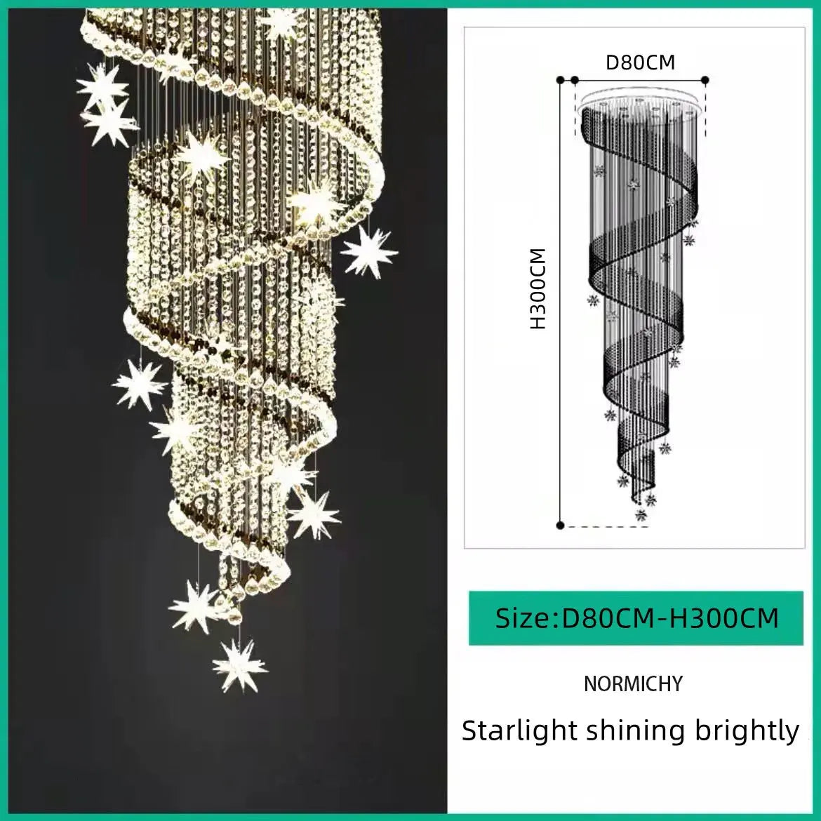 White light across the spiralling crystal of a staircase chandelier