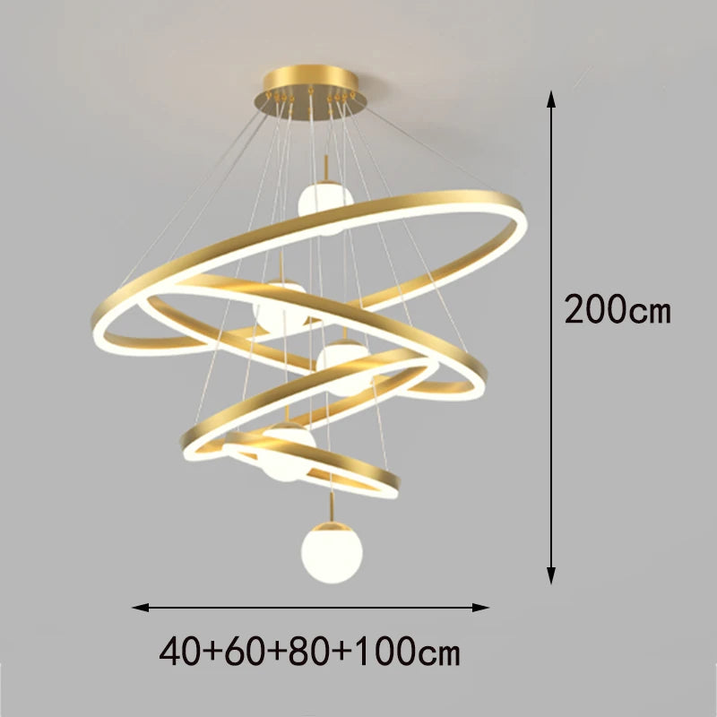 Five ring chandelier in gold, rings to 47.2 inches, with a 118.1 inch drop