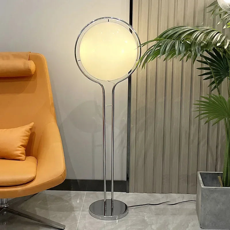 Chrome ball floor lamp white light yellow shade in sofa side position