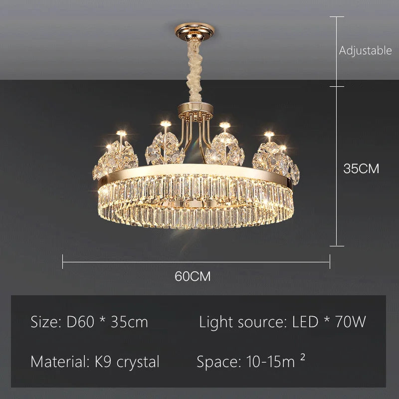 Tiered crystal chandelier shown lit in warm three colour light