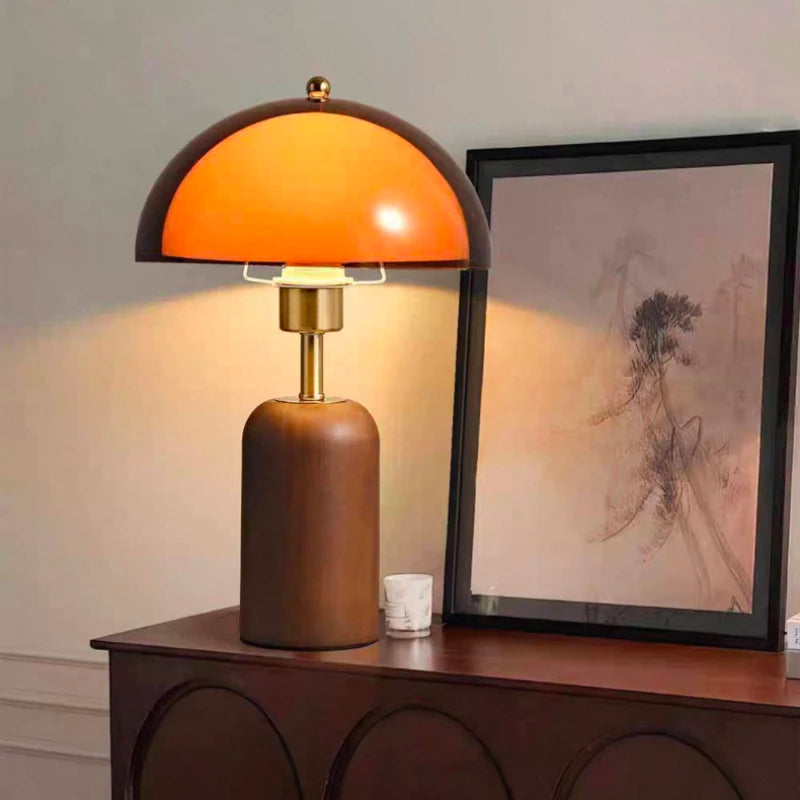 Wood and acrylic table lamp close-up showing material texture detail