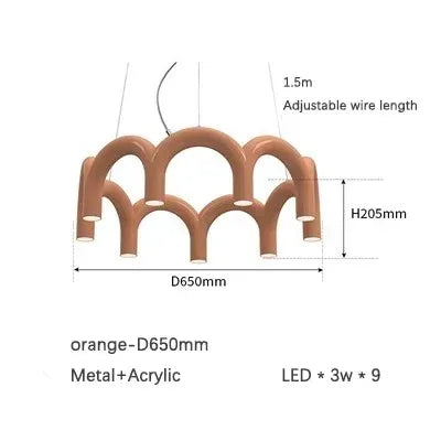 Three head arch tube chandelier in orange on cord suspension