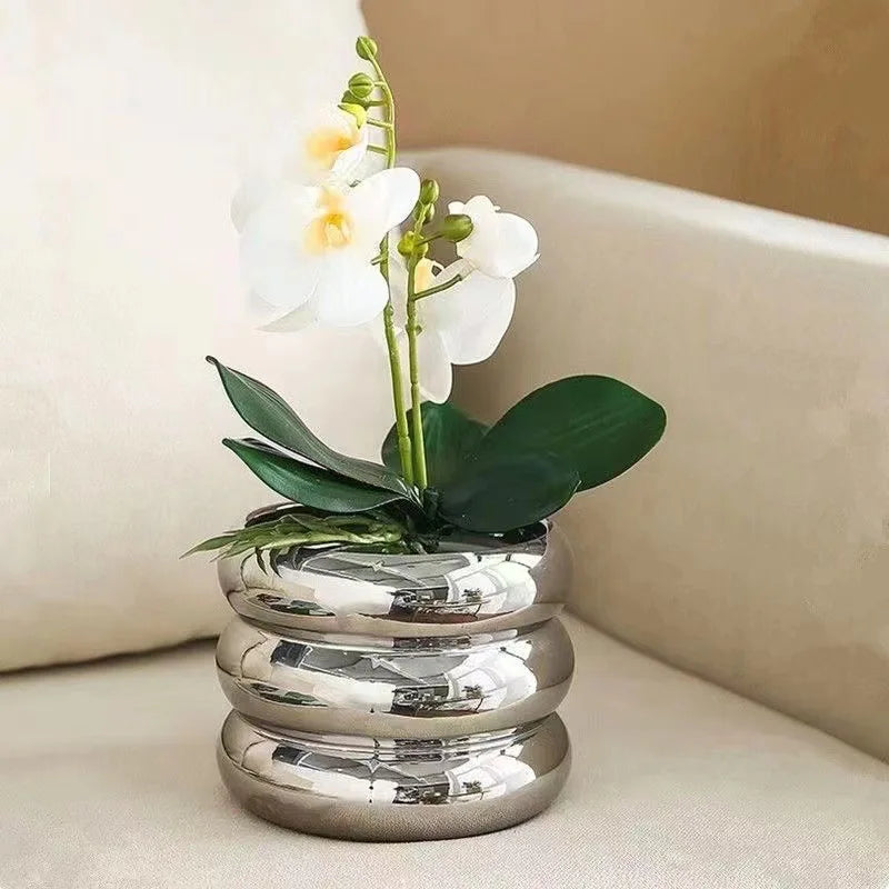 Simple ceramic desktop vase with silver finish for home office