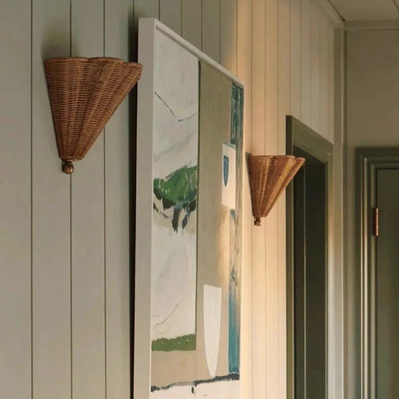 rattan wall sconce, side profile showing mounting depth